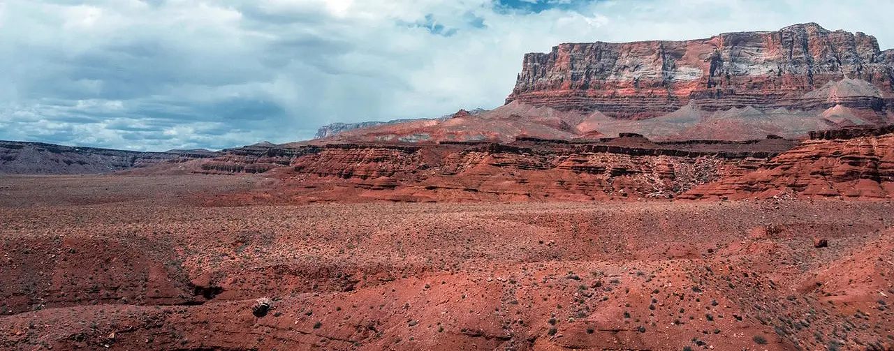 A desert landscape with a mountain in the background.