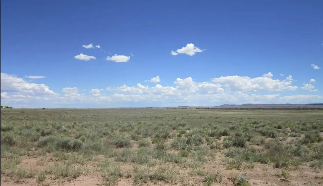 A large open field with grass and clouds in the sky.